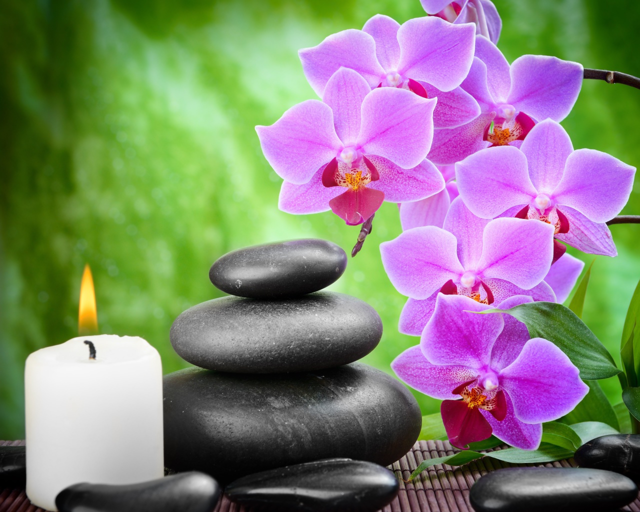 Das Pebbles, candles and orchids Wallpaper 1280x1024