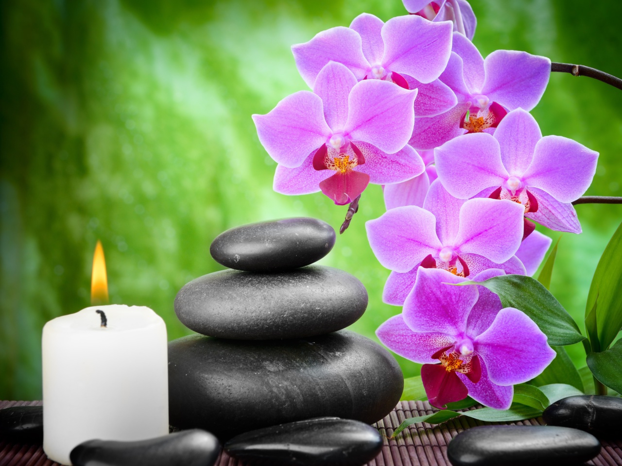 Das Pebbles, candles and orchids Wallpaper 1280x960