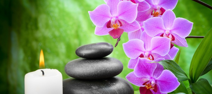 Pebbles, candles and orchids wallpaper 720x320
