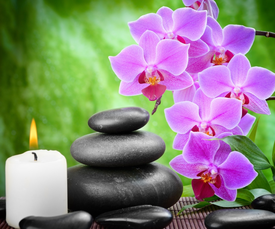 Обои Pebbles, candles and orchids 960x800