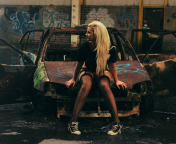 Blonde Girl And Old Scrap Car wallpaper 176x144
