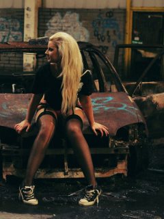 Sfondi Blonde Girl And Old Scrap Car 240x320