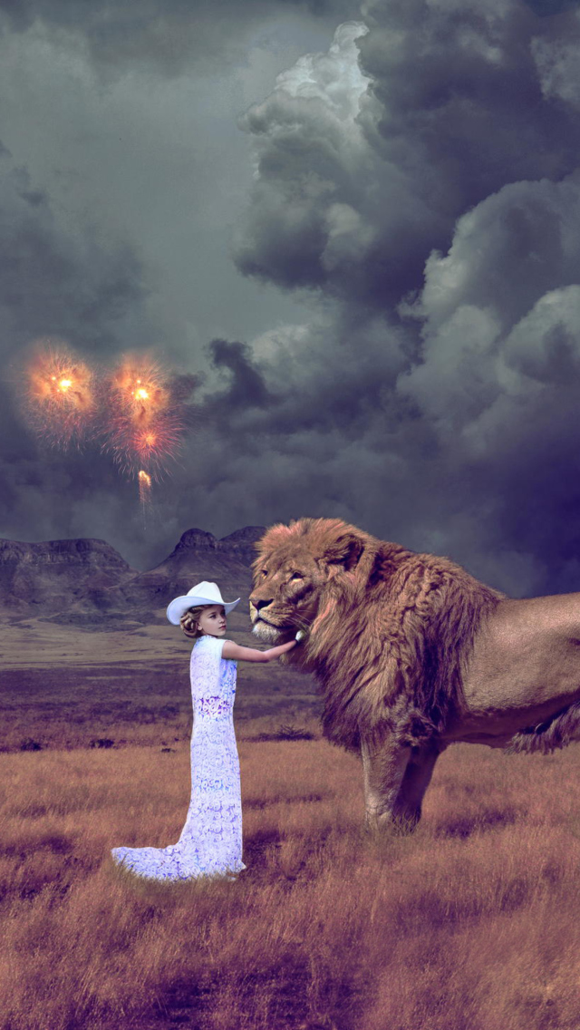 Das Girl And Lion Wallpaper 640x1136
