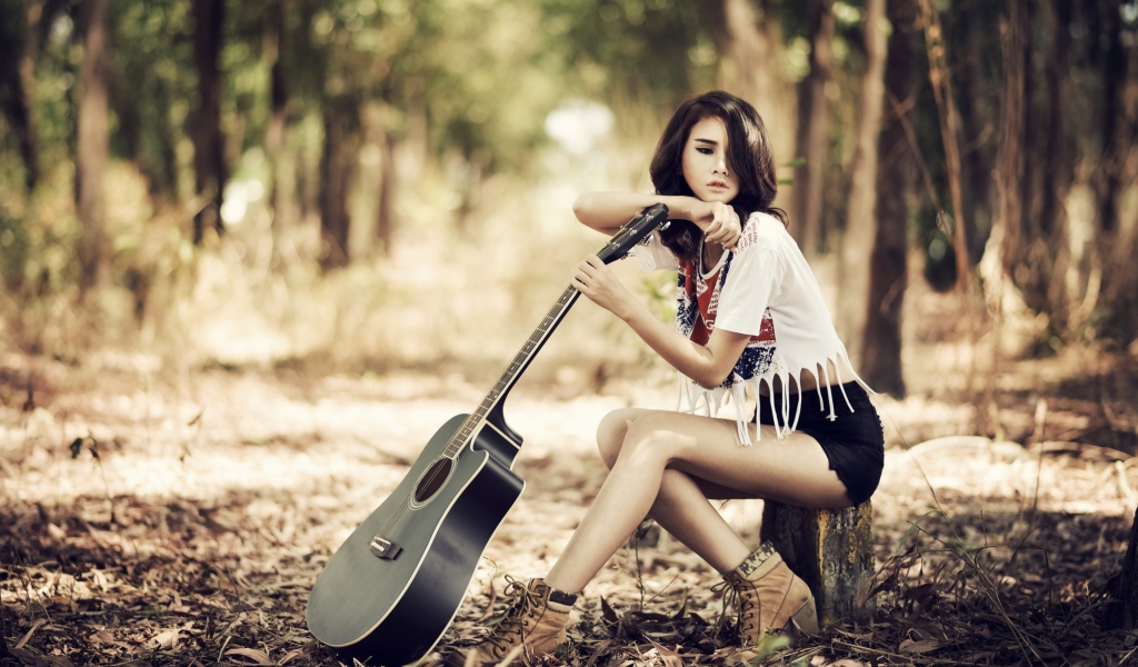 Pretty Brunette Model With Guitar At Meadow wallpaper 1024x600