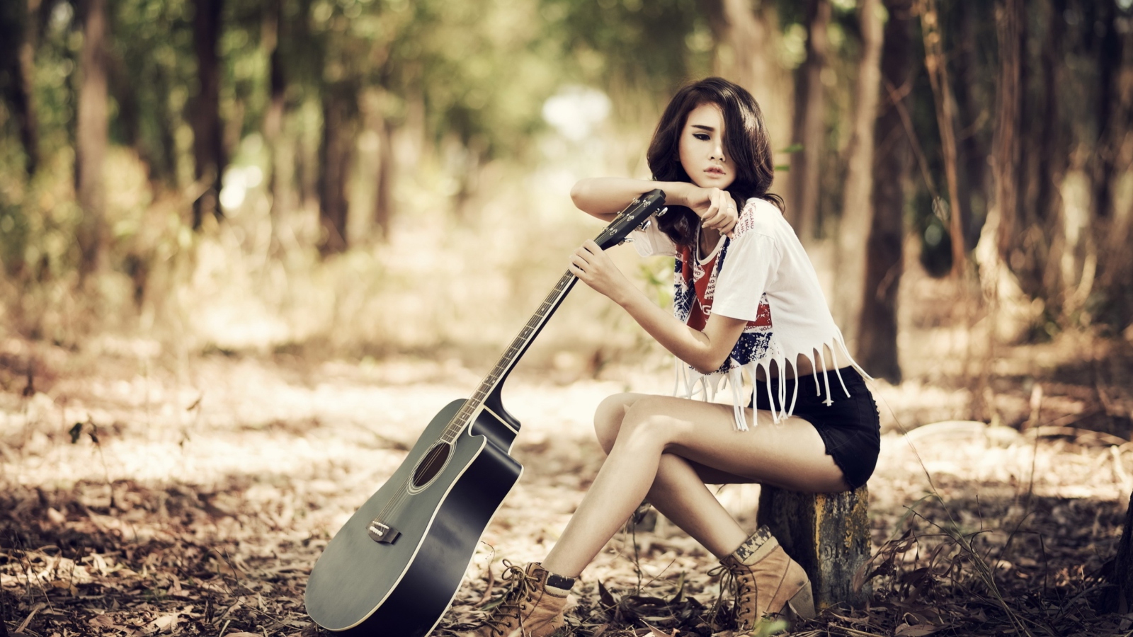 Pretty Brunette Model With Guitar At Meadow screenshot #1 1600x900