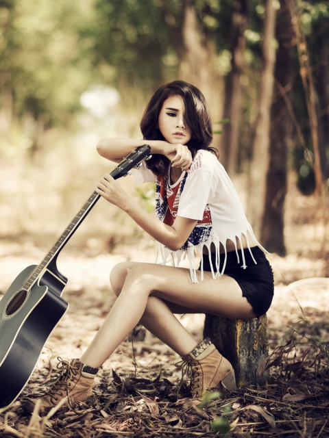 Das Pretty Brunette Model With Guitar At Meadow Wallpaper 480x640