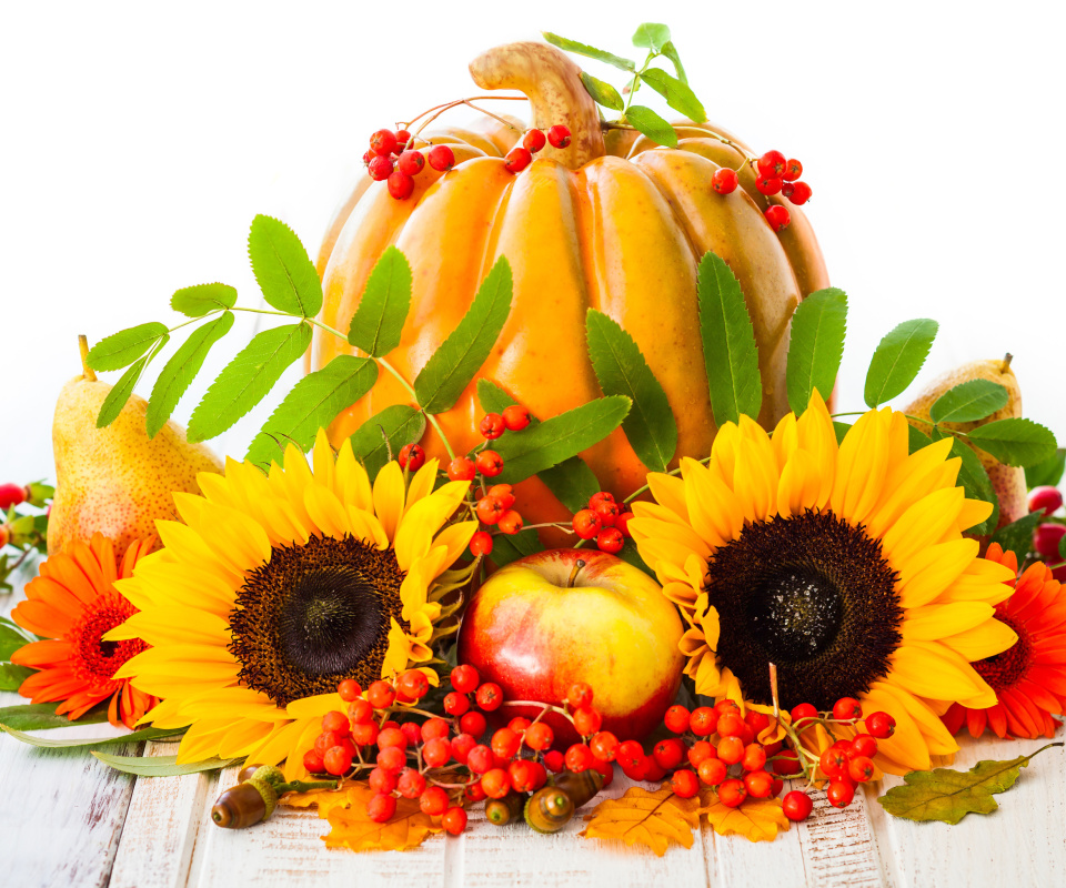 Fondo de pantalla Harvest Pumpkin and Sunflowers 960x800
