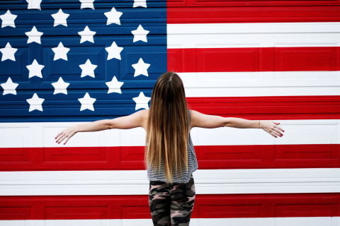 Sfondi American Girl In Front Of USA Flag 480x320