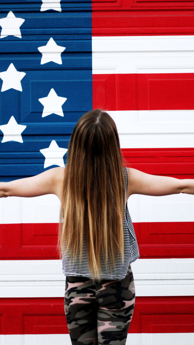American Girl In Front Of USA Flag wallpaper 750x1334