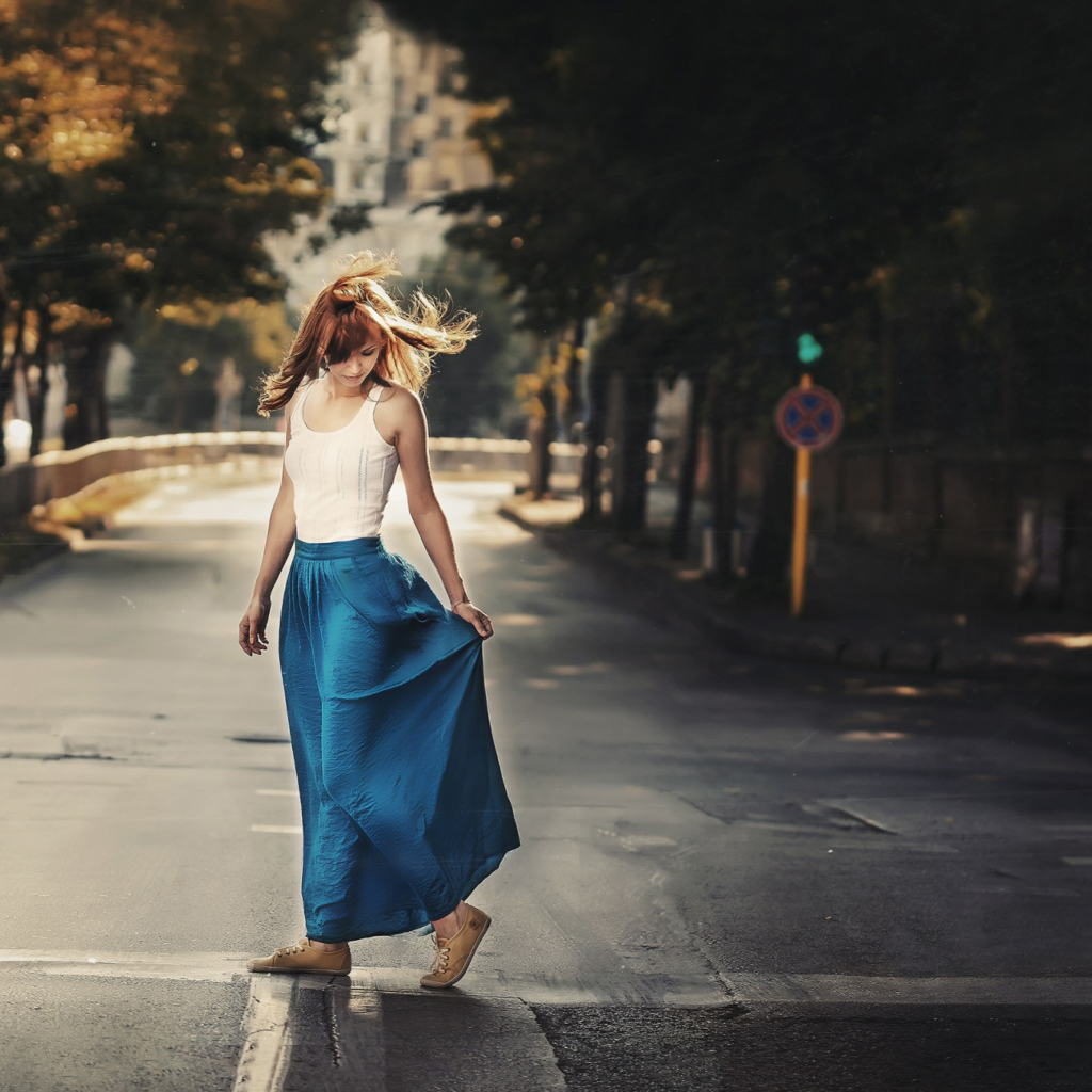 Girl In Long Blue Skirt On Street wallpaper 1024x1024