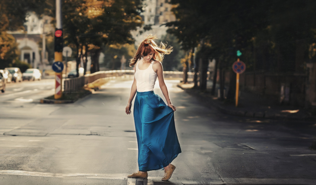 Sfondi Girl In Long Blue Skirt On Street 1024x600