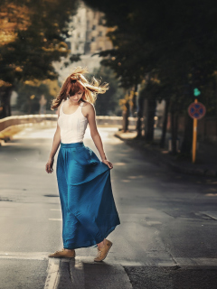 Girl In Long Blue Skirt On Street wallpaper 240x320