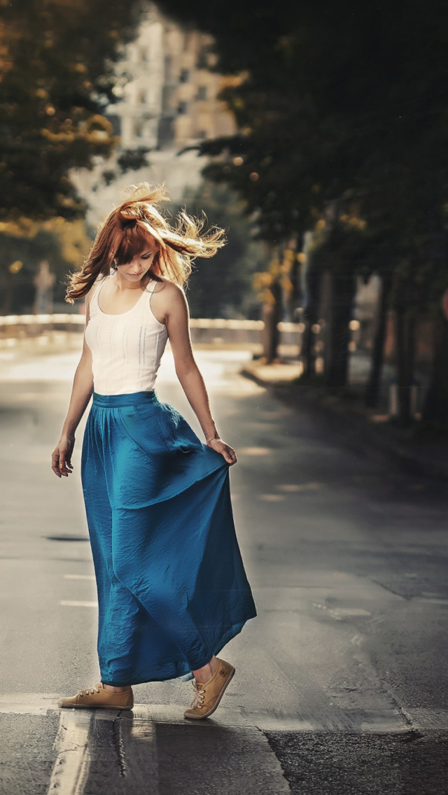 Girl In Long Blue Skirt On Street wallpaper 640x1136