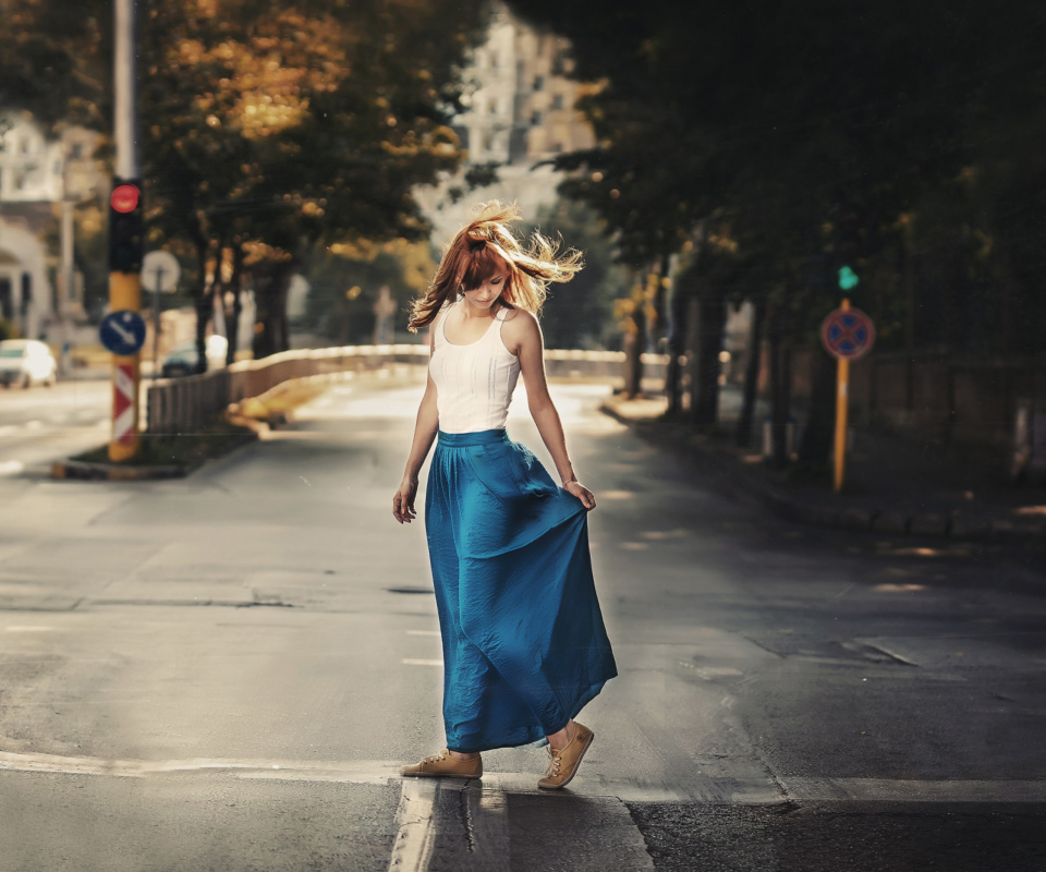 Girl In Long Blue Skirt On Street screenshot #1 960x800