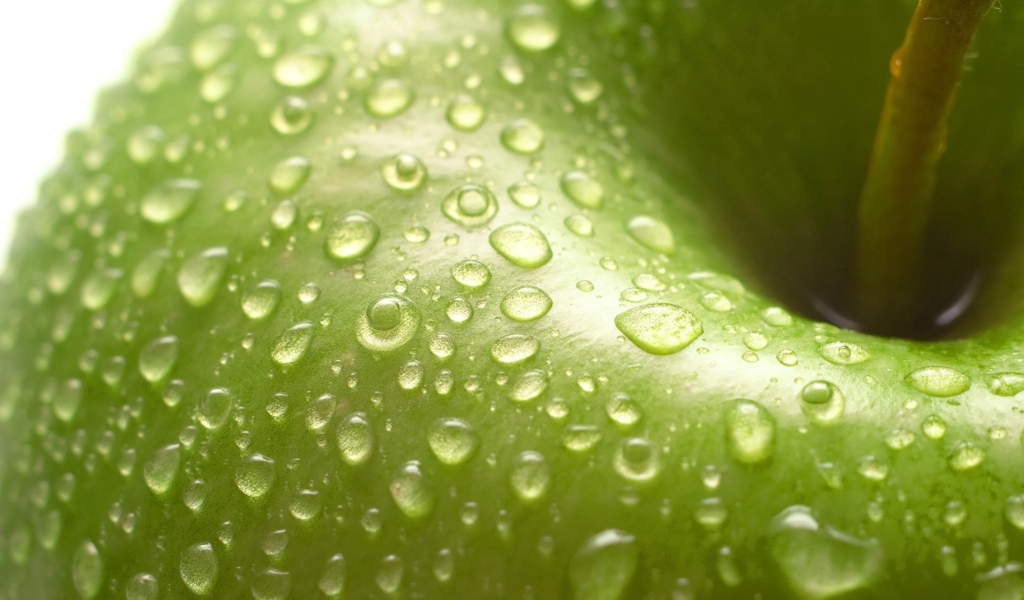 Das Water Drops On Green Apple Wallpaper 1024x600