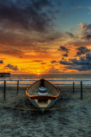 Boat On Beach At Sunset Hdr wallpaper 320x480