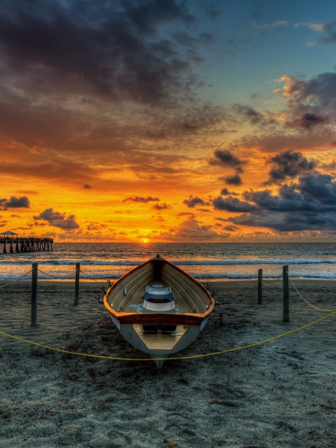 Boat On Beach At Sunset Hdr wallpaper 480x640