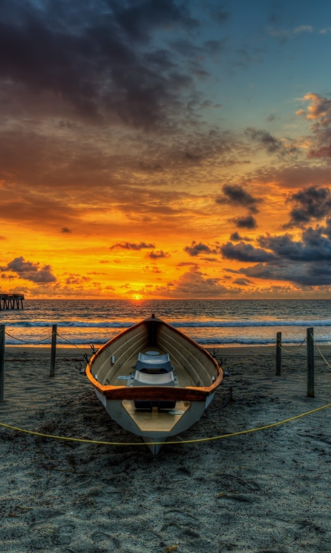 Boat On Beach At Sunset Hdr wallpaper 480x800