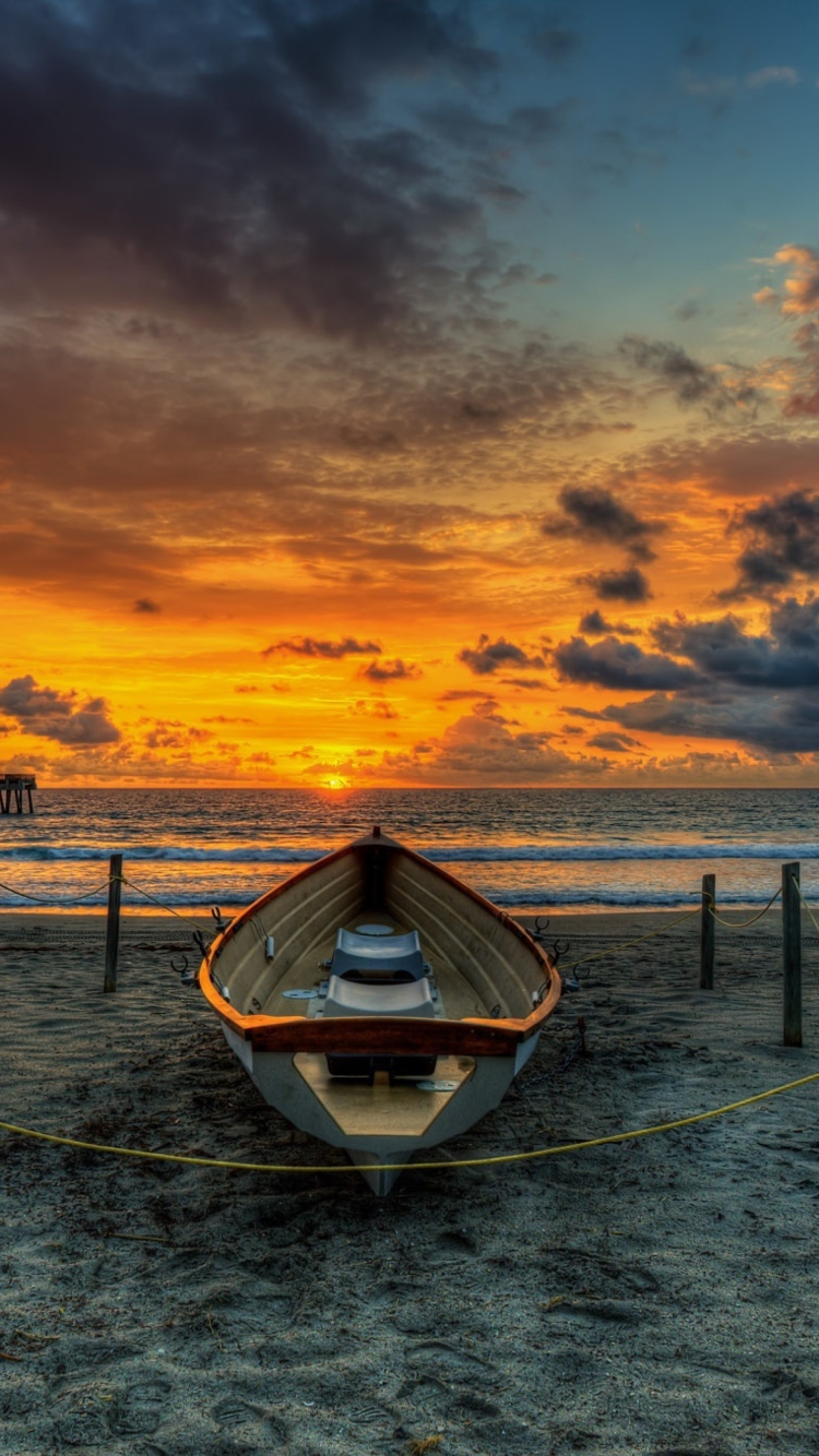 Boat On Beach At Sunset Hdr wallpaper 750x1334