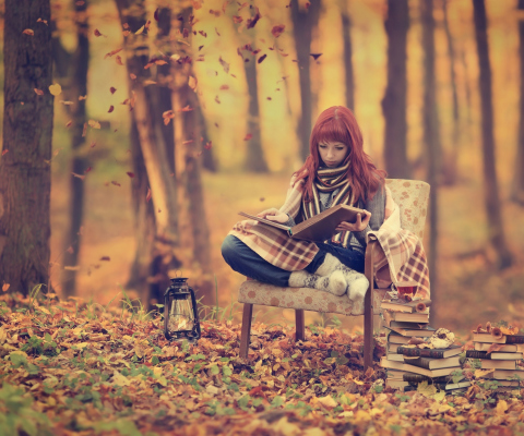 Girl Reading Old Books In Autumn Park wallpaper 480x400