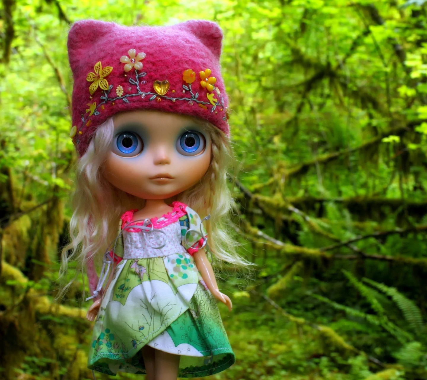 Cute Blonde Doll In Forest wallpaper 1440x1280