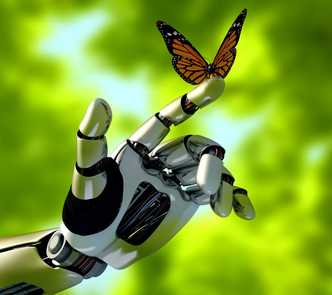 Обои Robot hand and butterfly 1080x960