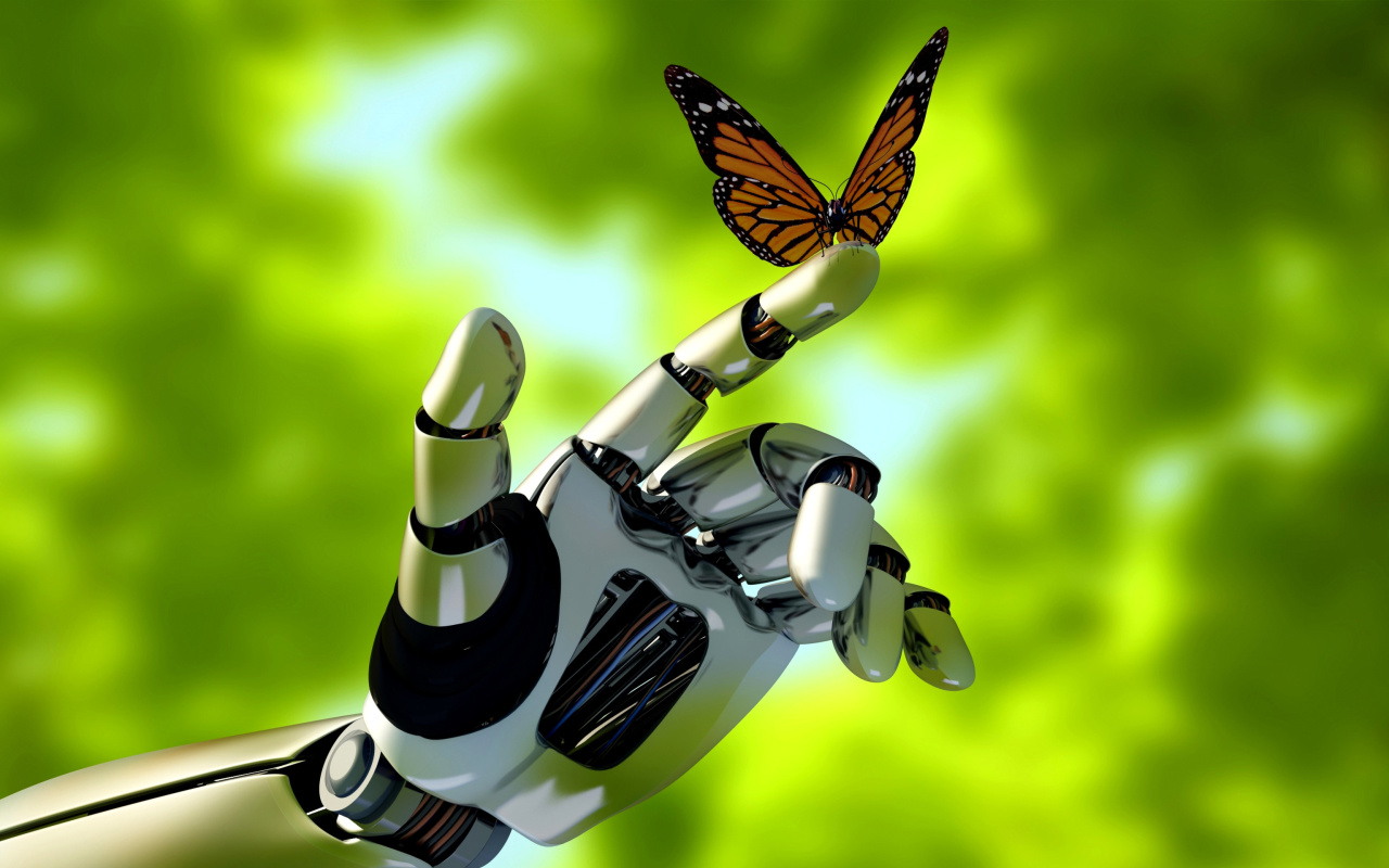 Robot hand and butterfly wallpaper 1280x800
