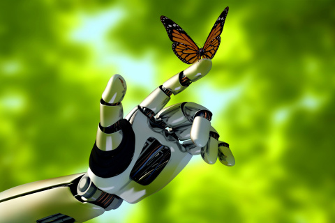 Robot hand and butterfly wallpaper 480x320
