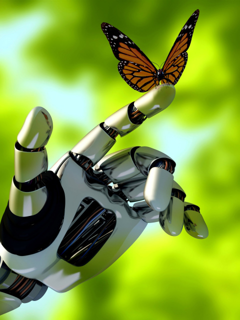 Robot hand and butterfly wallpaper 480x640