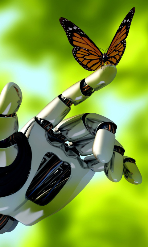 Обои Robot hand and butterfly 480x800