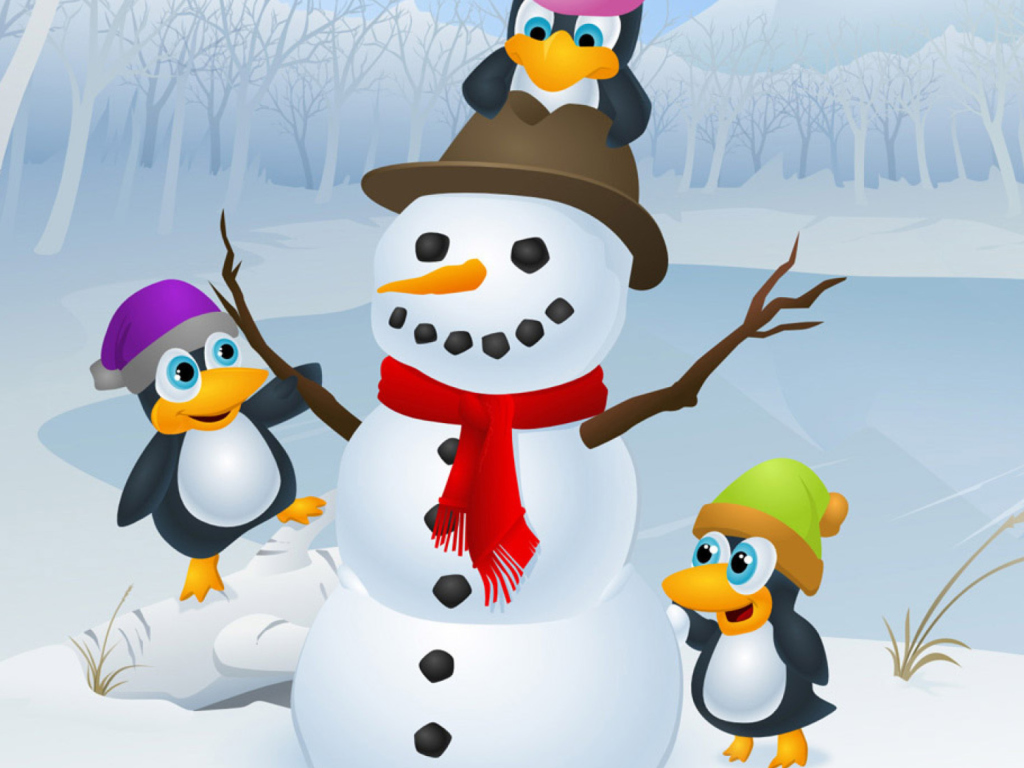 Snowman With Penguins wallpaper 1024x768