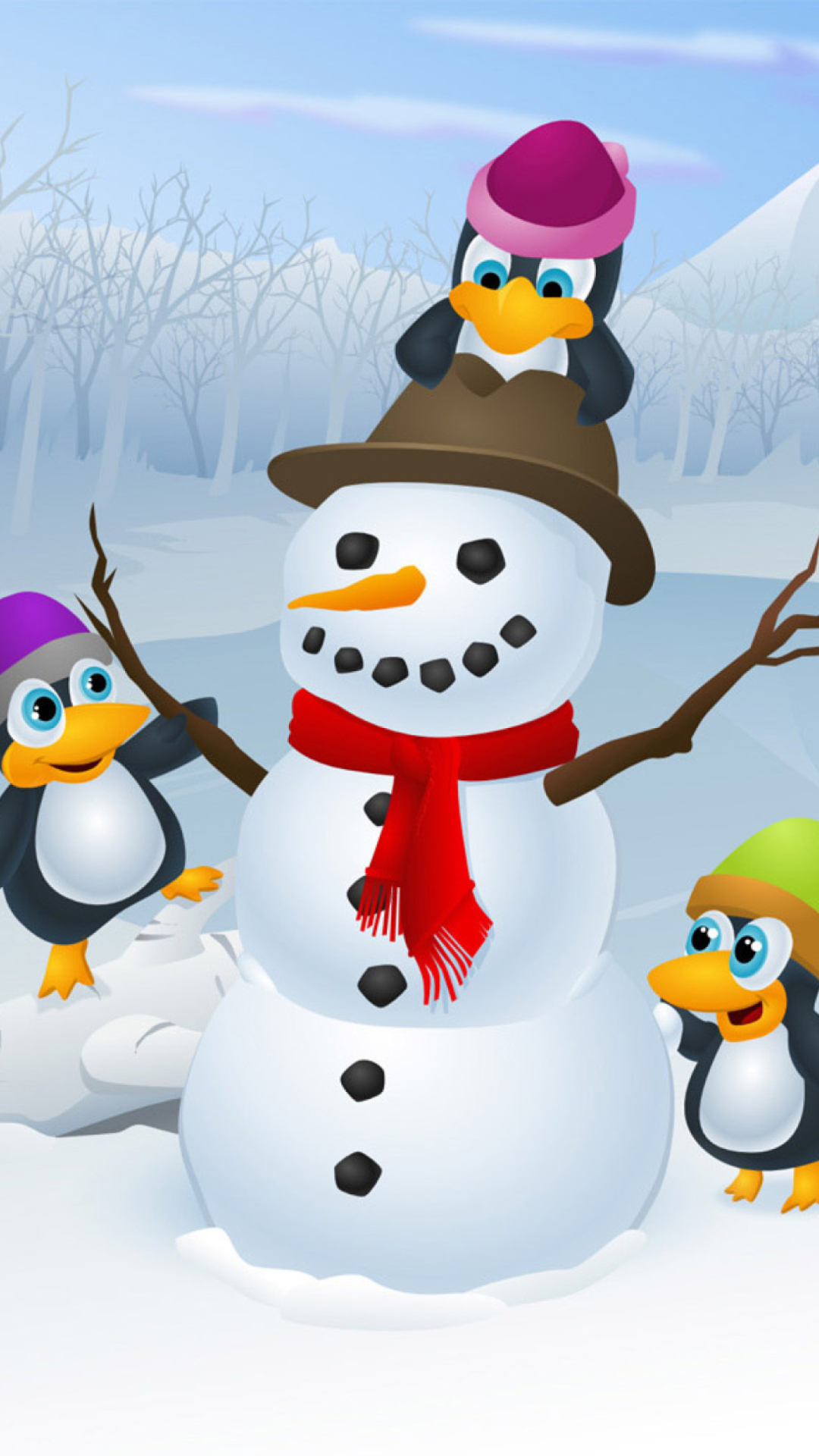 Snowman With Penguins wallpaper 1080x1920