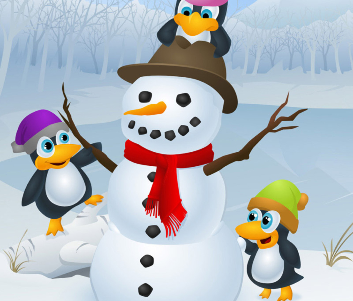 Fondo de pantalla Snowman With Penguins 1200x1024
