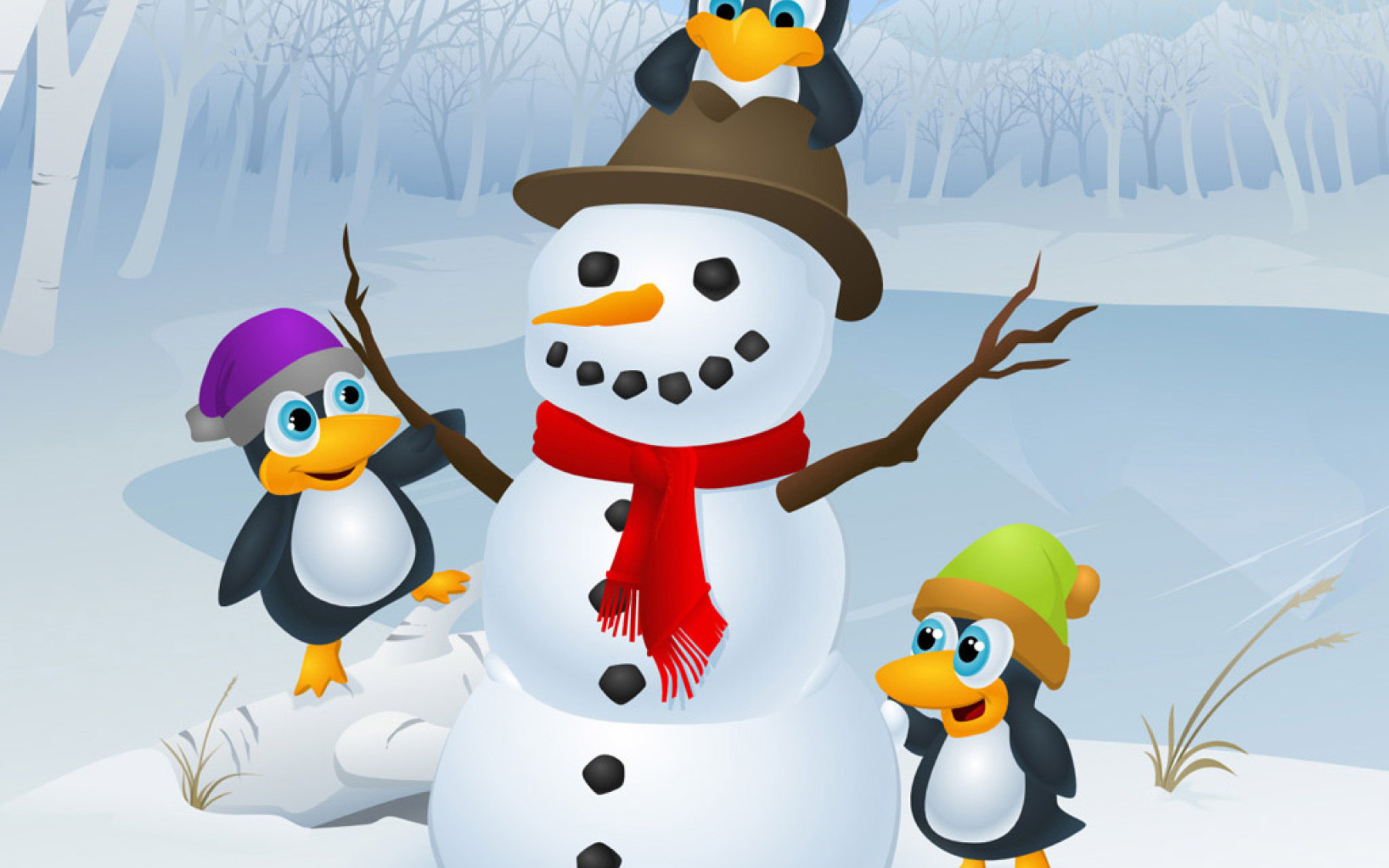 Snowman With Penguins wallpaper 2560x1600