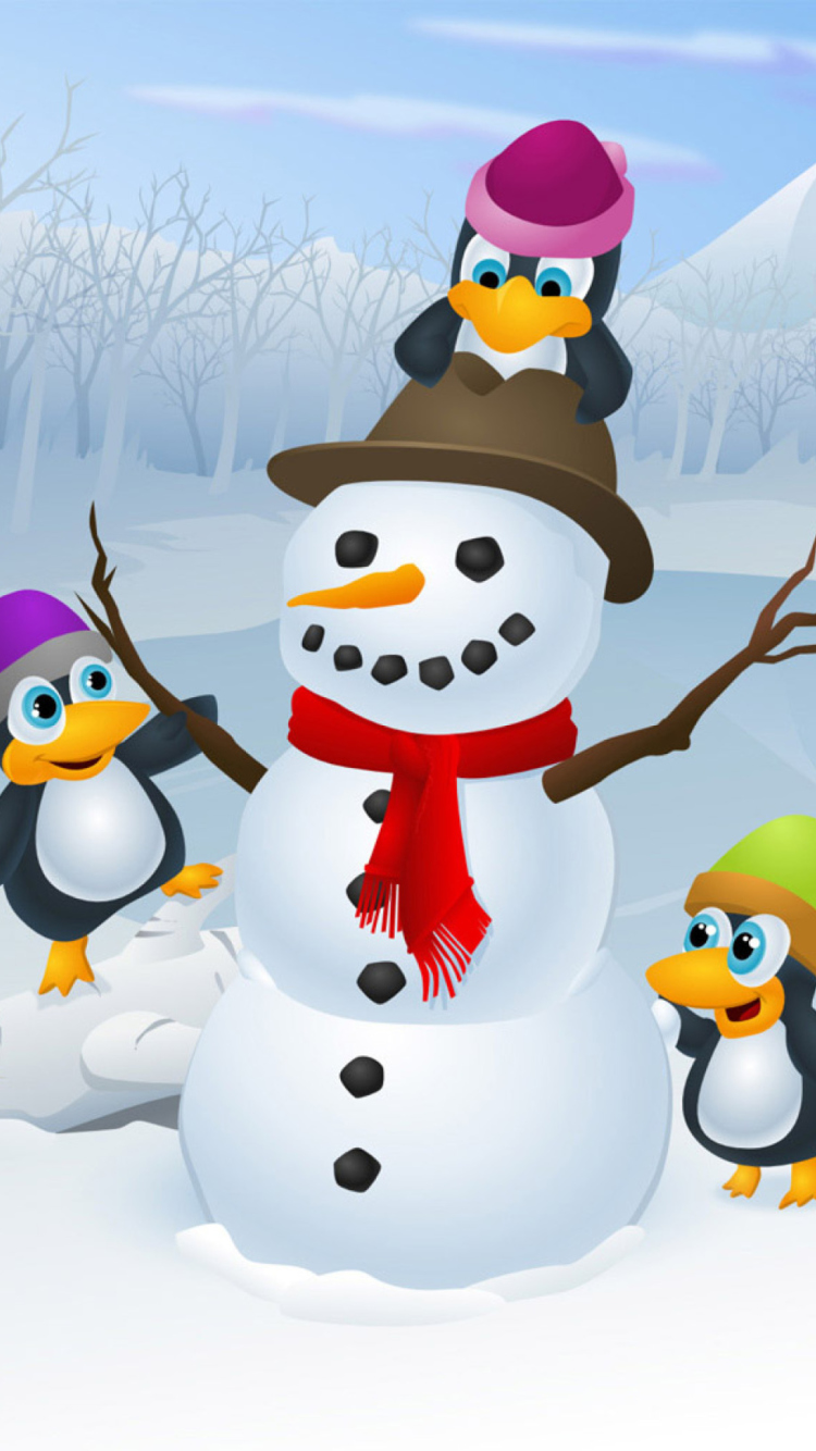 Fondo de pantalla Snowman With Penguins 750x1334