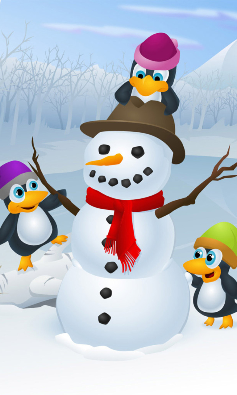 Fondo de pantalla Snowman With Penguins 768x1280