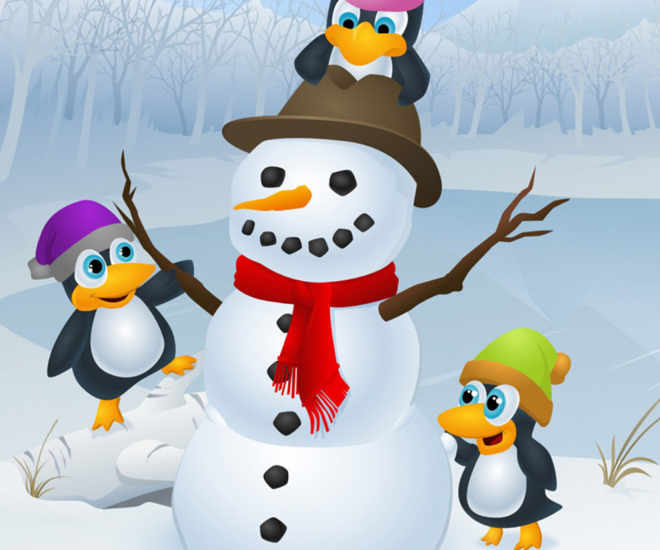 Snowman With Penguins wallpaper 960x800