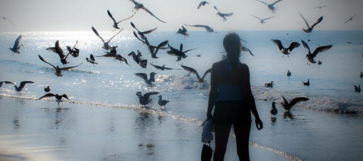 Girl And Seagulls wallpaper 720x320