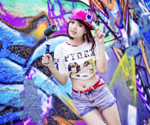 Cute Asian Graffiti Artist Girl wallpaper 480x400