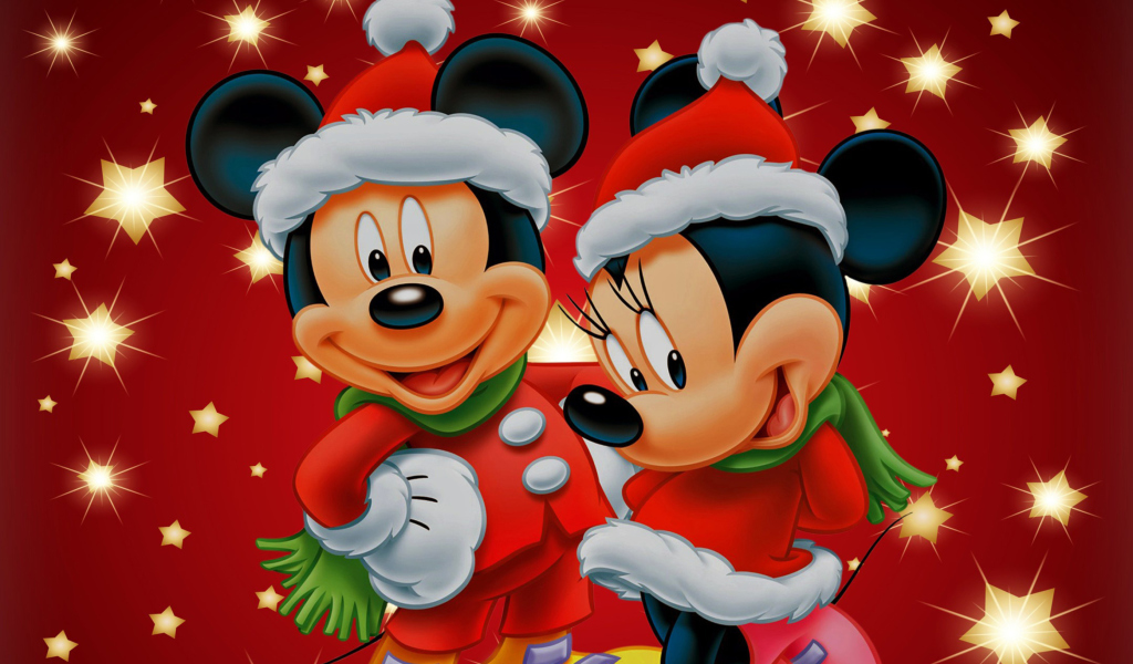 Das Mickey And Mini Mouse Christmas Time Wallpaper 1024x600