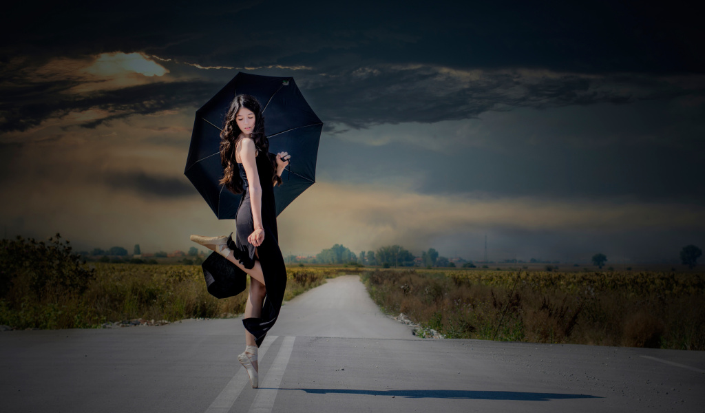 Ballerina with black umbrella wallpaper 1024x600