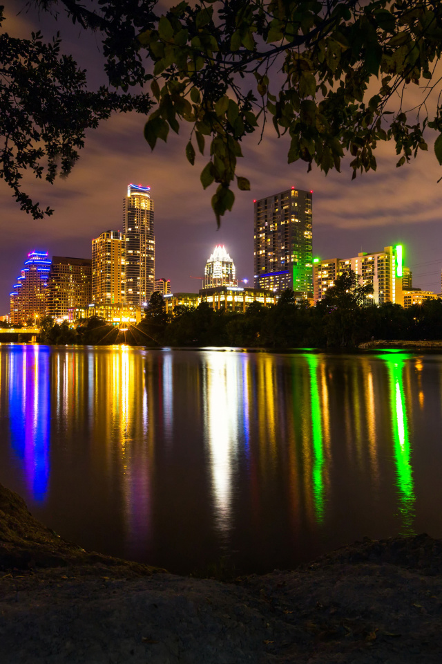Обои USA Skyscrapers Rivers Austin Texas Night Cities 640x960