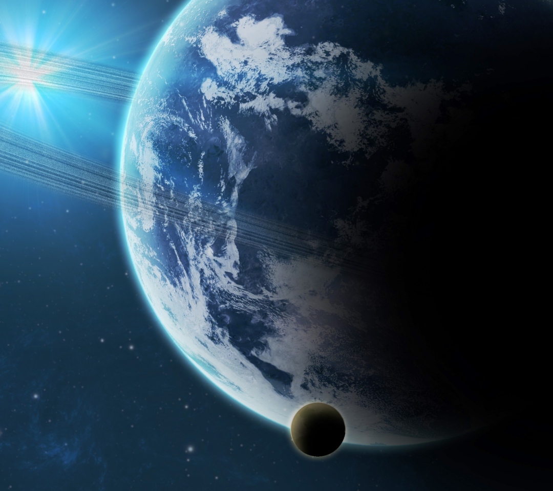 Das Blue Planet With Dark Satellite Wallpaper 1080x960