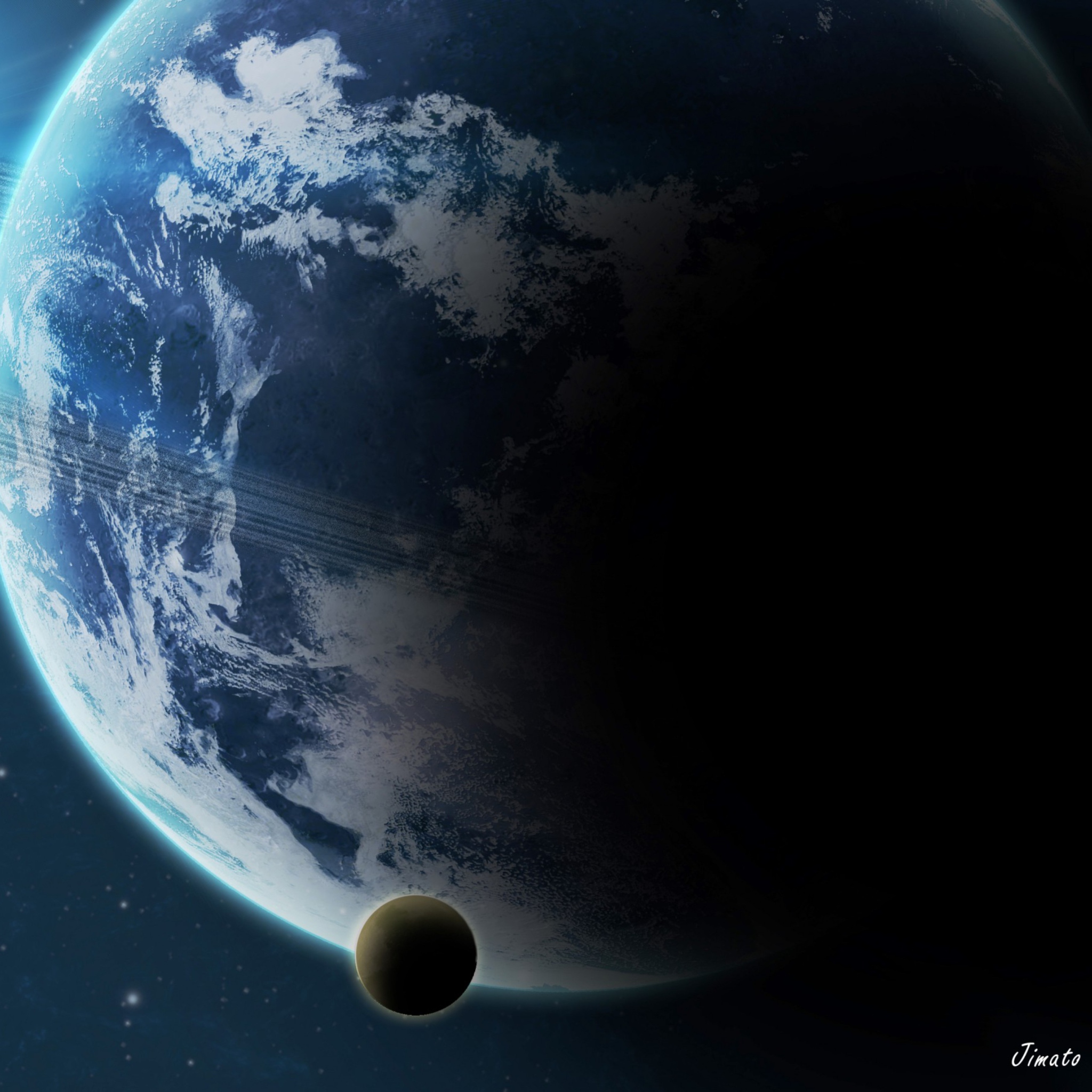 Das Blue Planet With Dark Satellite Wallpaper 2048x2048