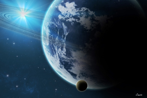 Das Blue Planet With Dark Satellite Wallpaper 480x320