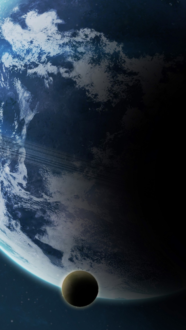 Das Blue Planet With Dark Satellite Wallpaper 640x1136