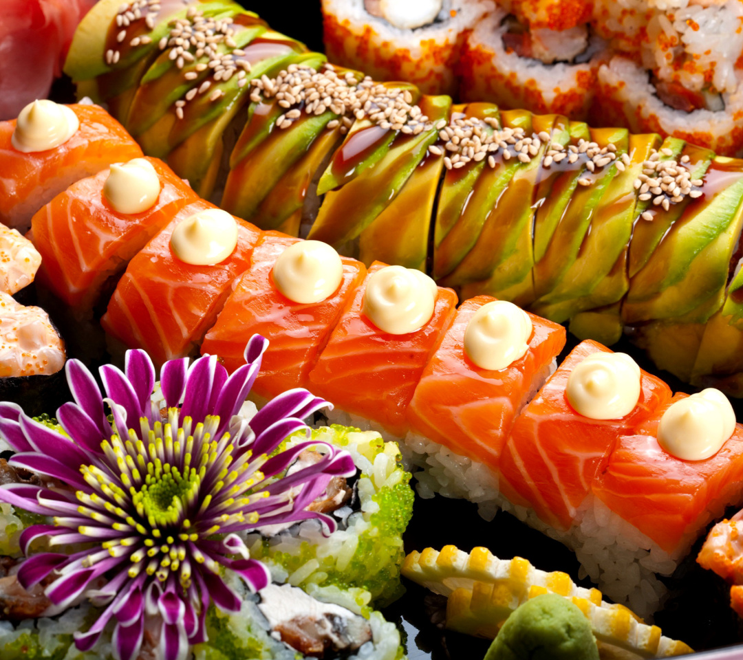 Обои Seafood Salmon Sushi 1080x960