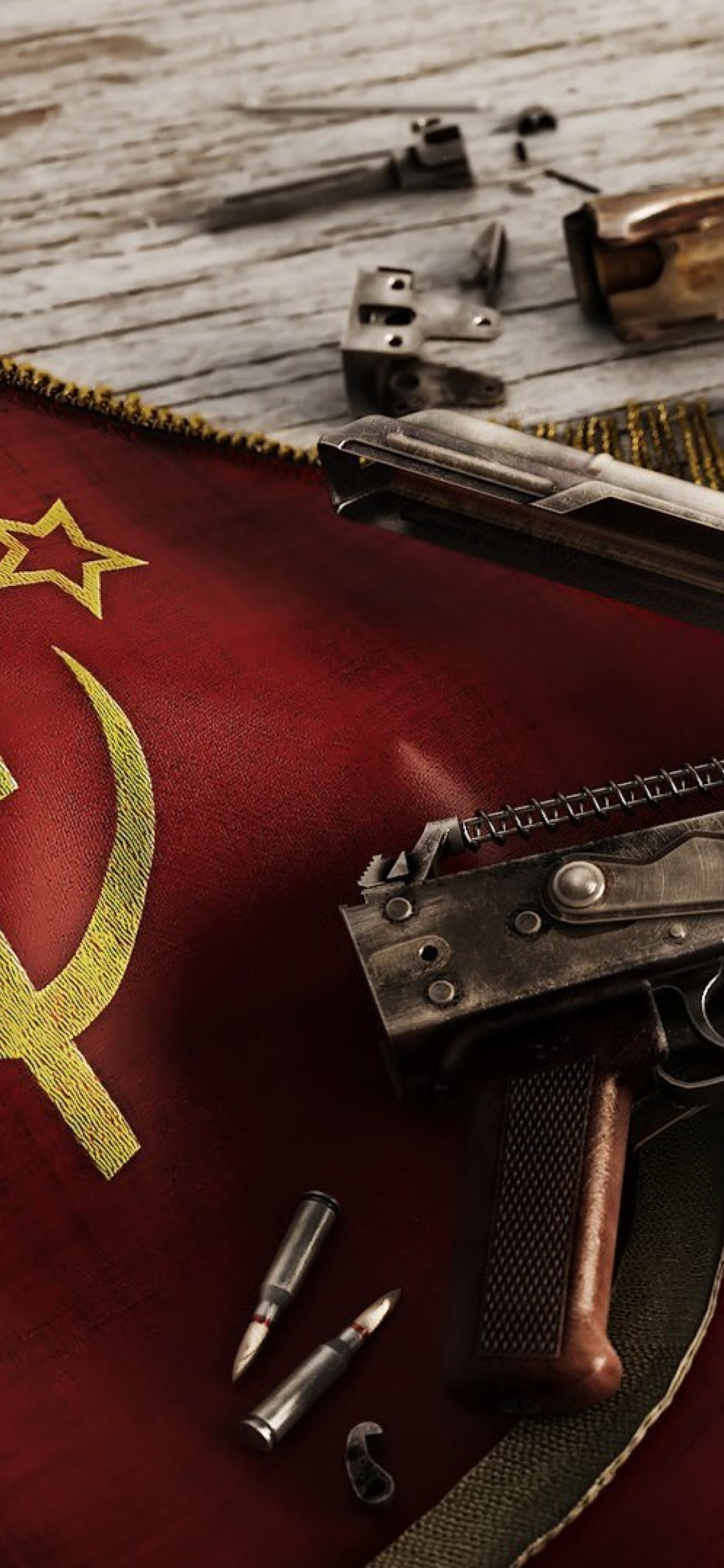 USSR Flag and AK 47 Kalashnikov rifle wallpaper 1170x2532