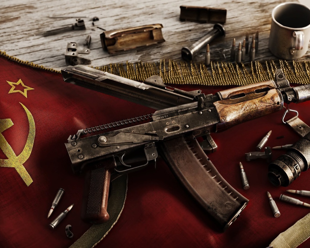 Das USSR Flag and AK 47 Kalashnikov rifle Wallpaper 1280x1024