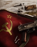 USSR Flag and AK 47 Kalashnikov rifle wallpaper 128x160